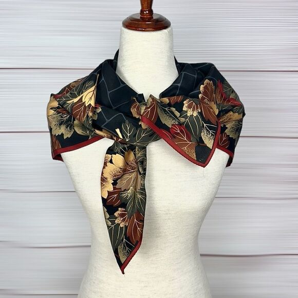 Boston Museum of Fine Arts Silk Scarf Black with Colorful Fall Leaves Print - Picture 10 of 13